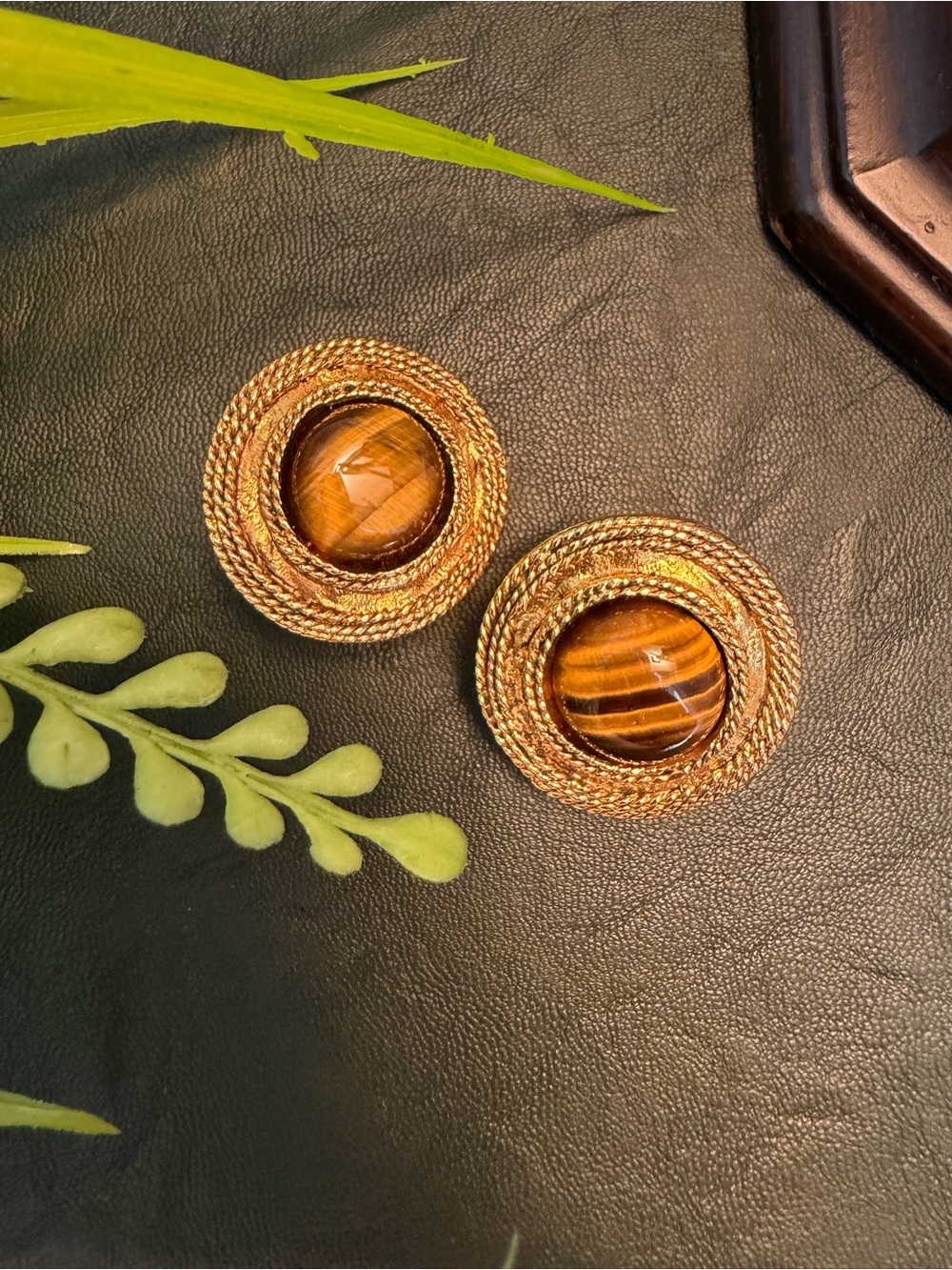 CHANEL Vintage Gold Plated Tiger Eye Cabachon Clip On Earrings